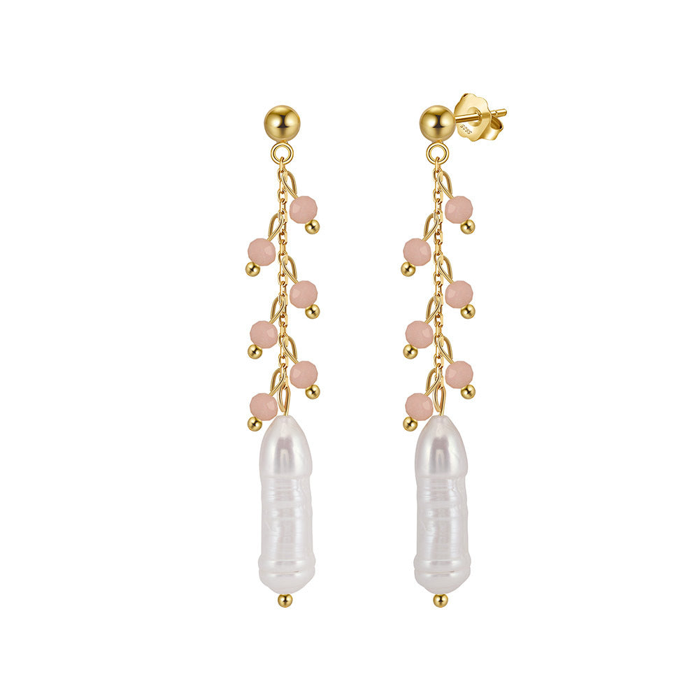 Gold Stud Dangle Earrings, Pink Jade Vine Branch Chain & Large Elongated Baroque Freshwater Pearl, Elegant Long Taper Pearl Tassel Earrings