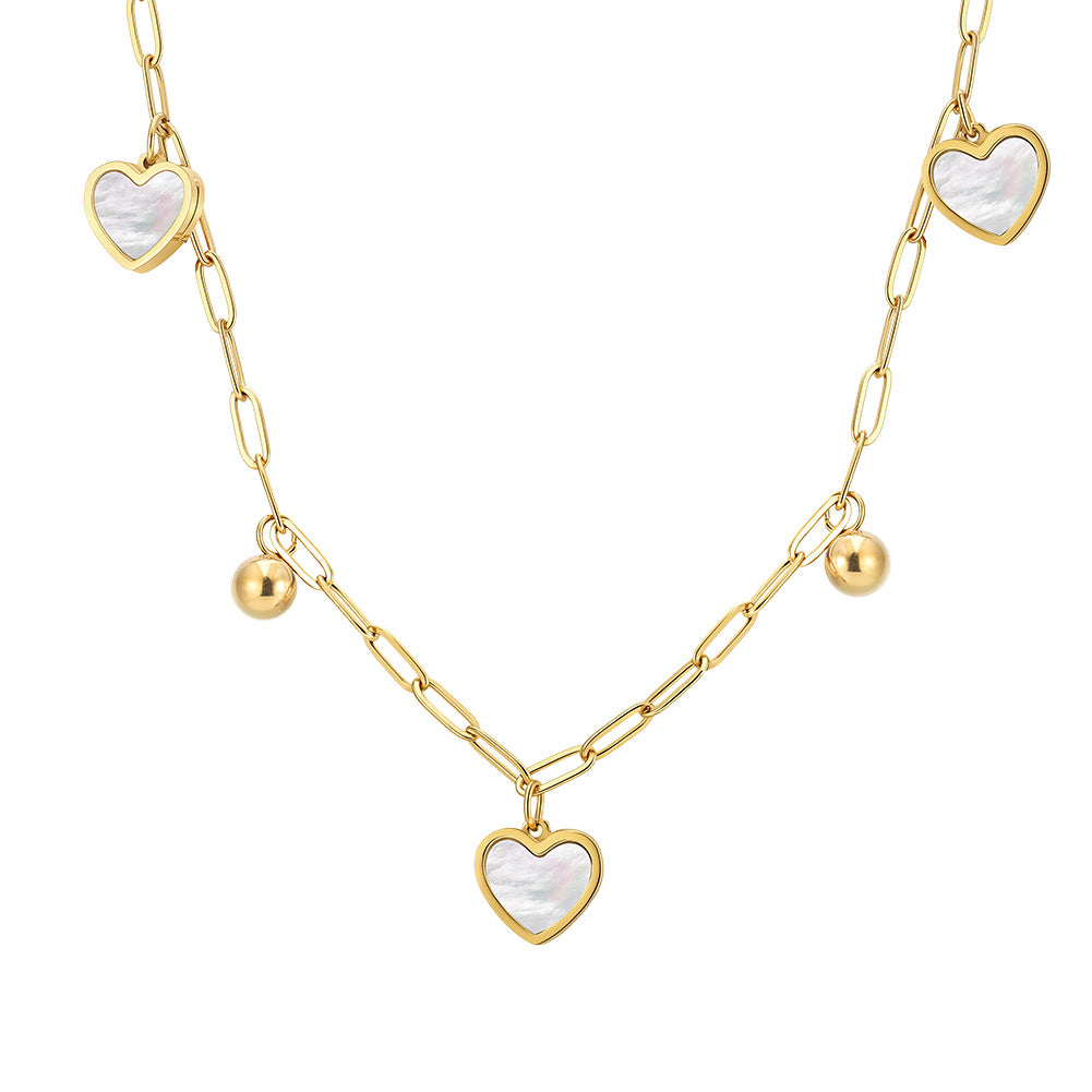 Gold Stainless Steel Paperclip Heart Necklace, White Mother of Pearl Inlaid Heart Charms and Gold Round Bead Drops