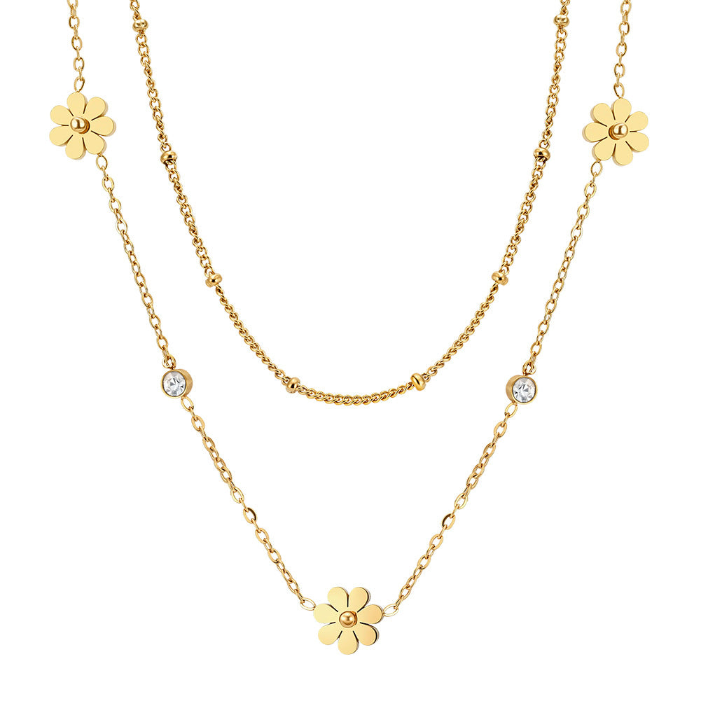 Gold Stainless Steel Double Layer Daisy Necklace, Two-Tier Stacked Chain with Daisy Flower Charms and 3mm Round CZ Accents