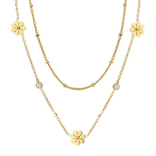 Gold Stainless Steel Double Layer Daisy Necklace, Two-Tier Stacked Chain with Daisy Flower Charms and 3mm Round CZ Accents