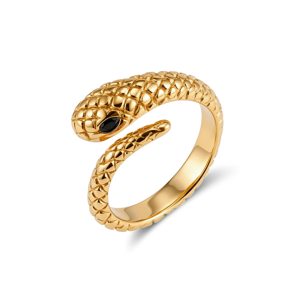 Gold Plated Stainless Steel Open Snake Ring, Scale Pattern with Black CZ Eyes