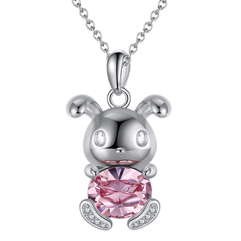 Silver Stainless Steel Cute Rabbit Pendant Necklace, Oval Pink CZ Inlaid Cartoon Bunny Charm Cable Chain