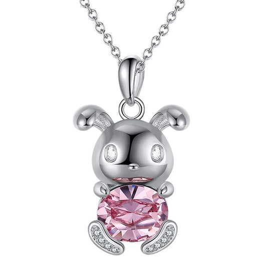 Silver Stainless Steel Cute Rabbit Pendant Necklace, Oval Pink CZ Inlaid Cartoon Bunny Charm Cable Chain