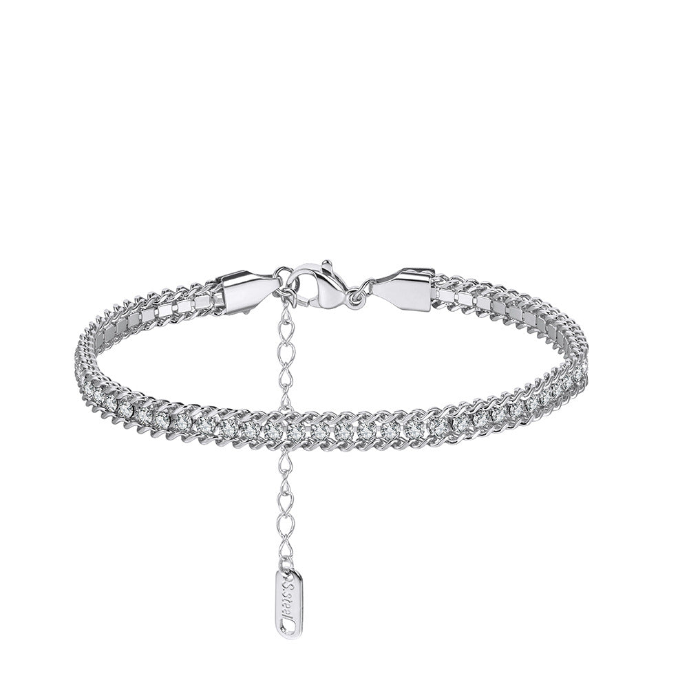 Silver Stainless Steel Single Row CZ Braided Bracelet, Paved Cubic Zirconia Woven Band, Adjustable Extension Chain