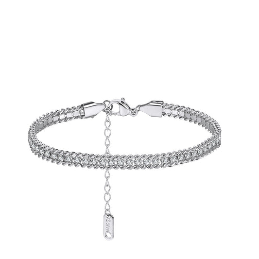 Silver Stainless Steel Single Row CZ Braided Bracelet, Paved Cubic Zirconia Woven Band, Adjustable Extension Chain