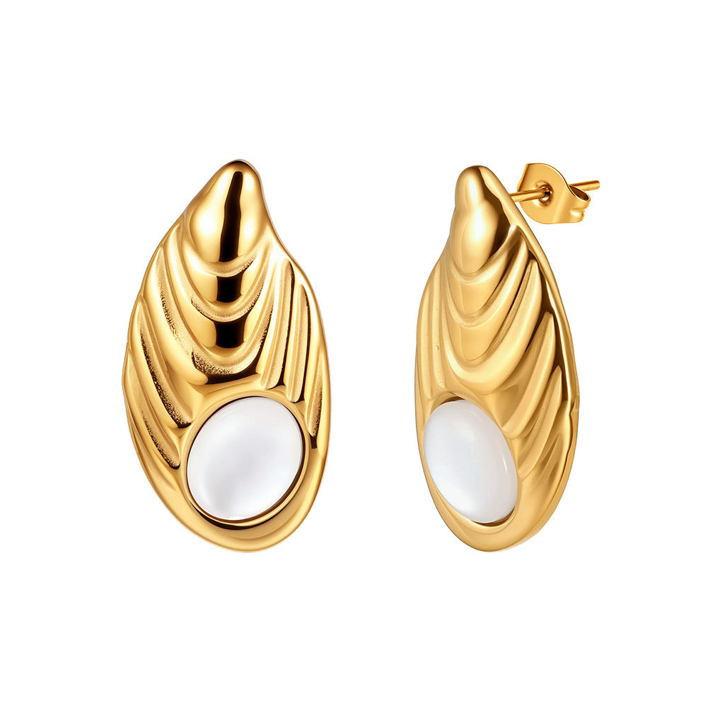 Gold Plated Stainless Steel Teardrop Textured Stud Earrings With White Round Cabochon Inlay