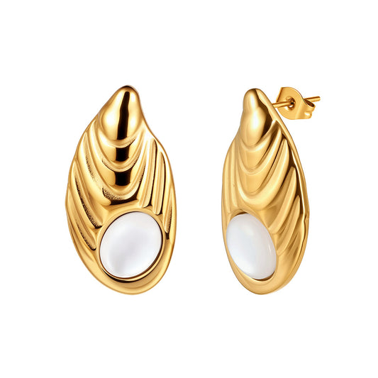 Gold Plated Stainless Steel Teardrop Textured Stud Earrings With White Round Cabochon Inlay