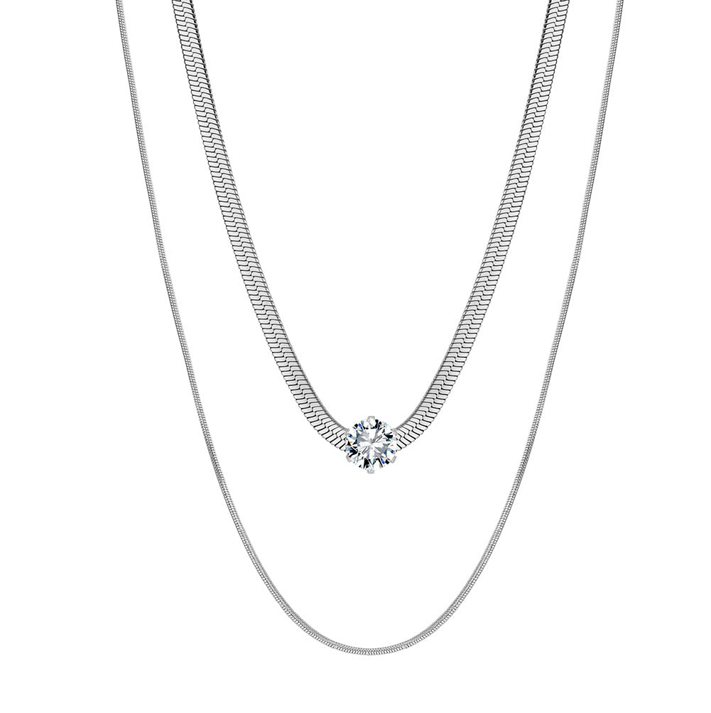 Silver Stainless Steel Double Layer Herringbone Necklace, 2-Tier Snake Chain with Single Round CZ Solitaire Pendant