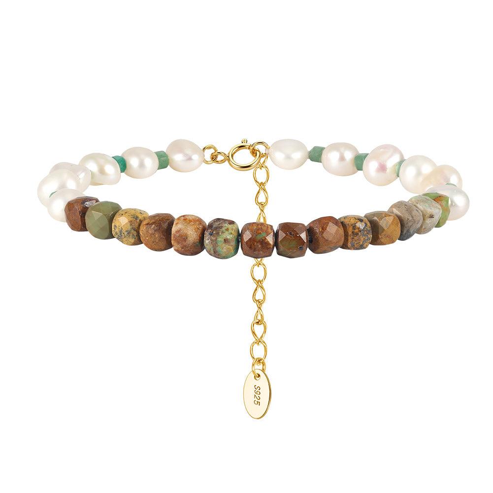 S925 Gold Plated Beaded Bracelet, Lustrous Baroque Freshwater Pearl with Faceted Brown Natural Stone Beads, Adjustable Extension Chain