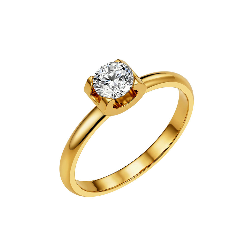 Gold Plated Stainless Steel Minimalist Solitaire Round CZ Engagement Style Ring