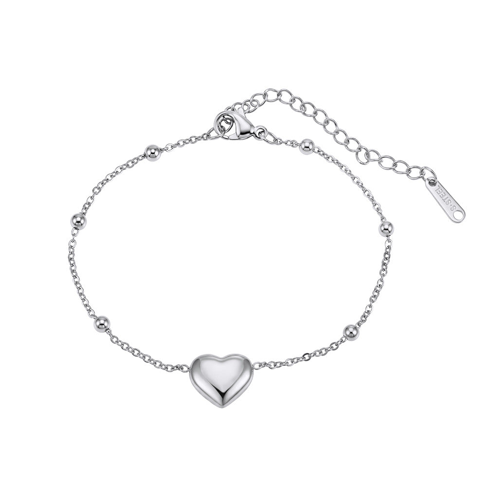 Silver Stainless Steel Puffy Heart Bracelet, 3D Heart Charm with Spherical Beads, Adjustable Extension Chain
