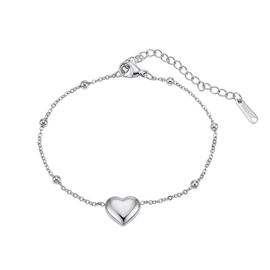 Silver Stainless Steel Puffy Heart Bracelet, 3D Heart Charm with Spherical Beads, Adjustable Extension Chain