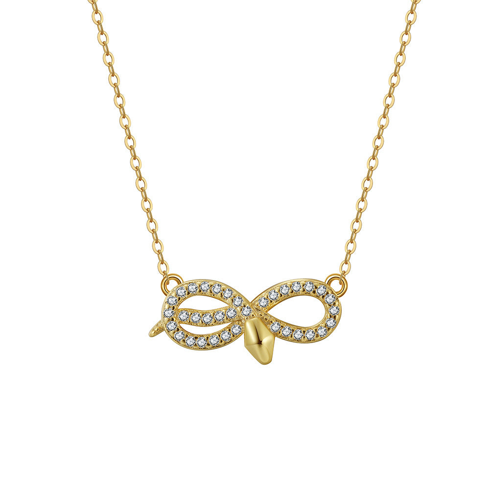 Gold Stainless Steel Snake Knot Pendant Necklace, Pave CZ Inlaid Twisted Snake Design on Dainty Cable Chain