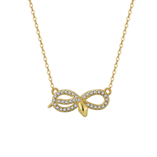 Gold Stainless Steel Snake Knot Pendant Necklace, Pave CZ Inlaid Twisted Snake Design on Dainty Cable Chain