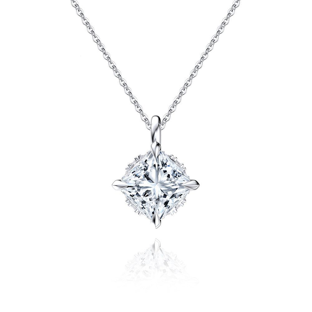 Silver Stainless Steel Princess Square Cut CZ Pendant Necklace, Four Prong Setting Clear Square Cubic Zirconia Pendant
