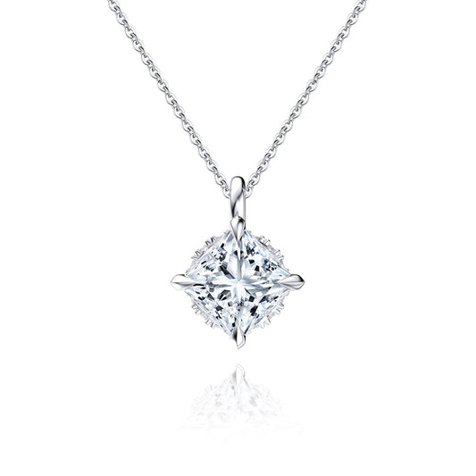 Silver Stainless Steel Princess Square Cut CZ Pendant Necklace, Four Prong Setting Clear Square Cubic Zirconia Pendant