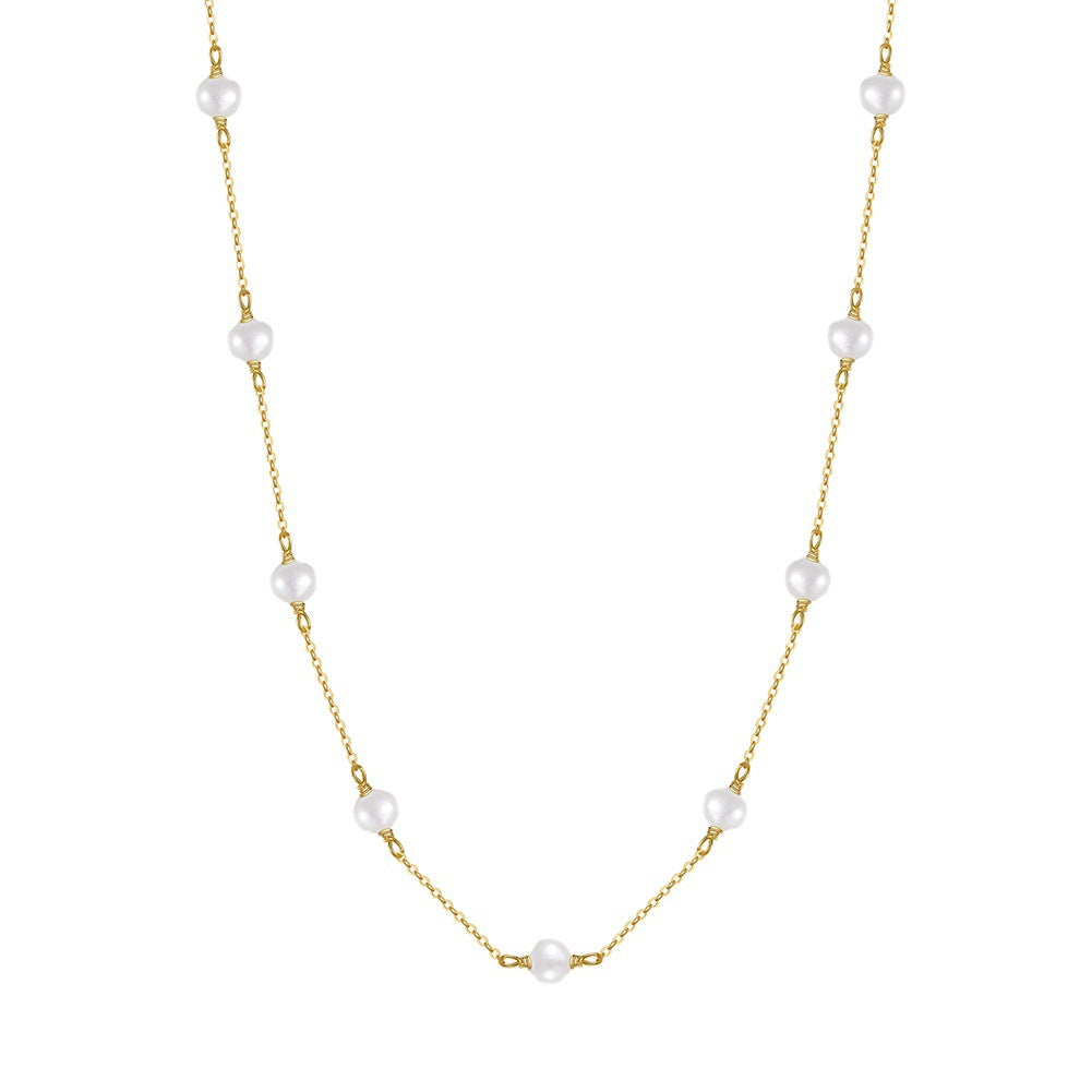 Silver Floating Station Pearl Necklace, Multi Lustrous Potato Freshwater Pearls Evenly Spaced Thin Cable Chain