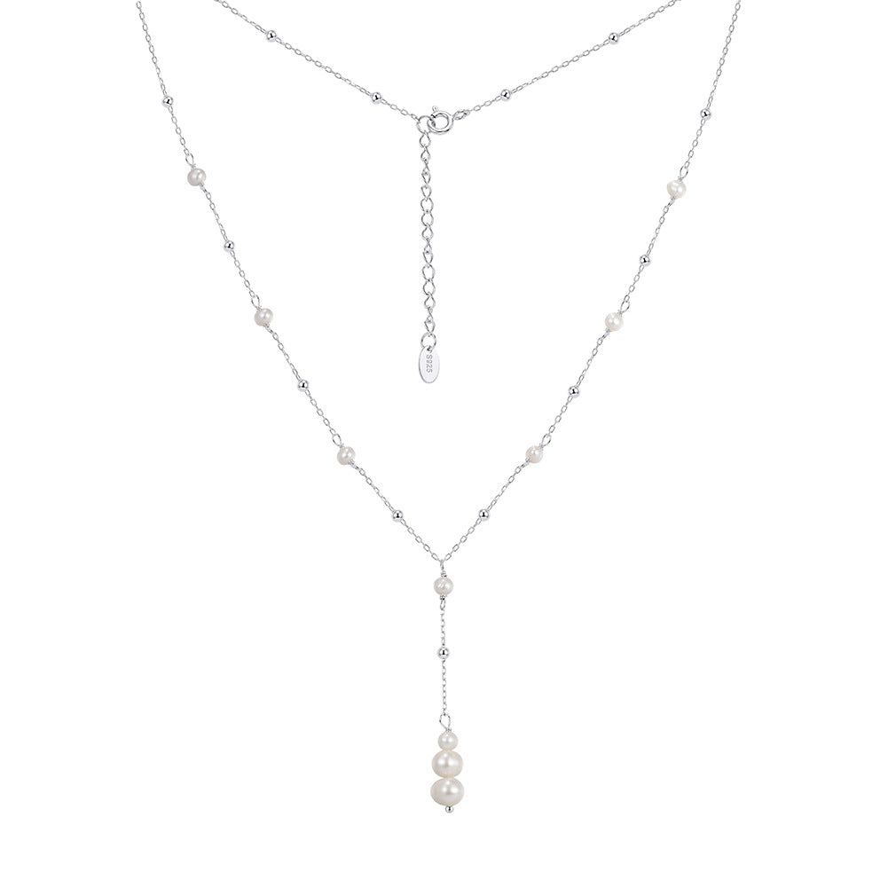 Y Drop Dainty Freshwater Pearl Lariat Necklace, Mini Lustrous White Pearls Station Chain with Stacked Pearl Drop Pendant S925 Silver