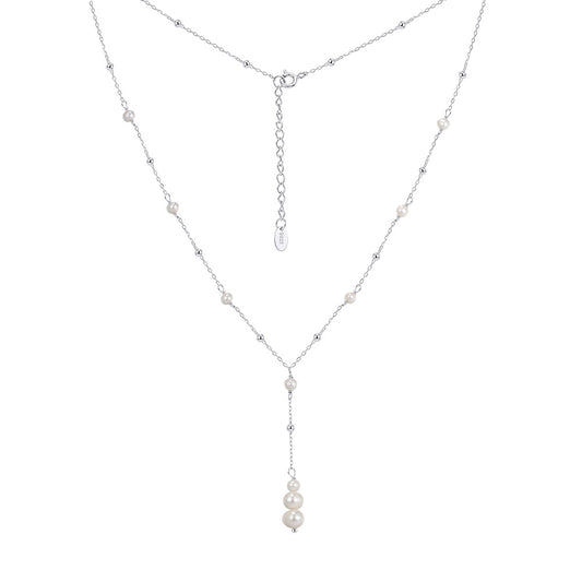 Y Drop Dainty Freshwater Pearl Lariat Necklace, Mini Lustrous White Pearls Station Chain with Stacked Pearl Drop Pendant S925 Silver
