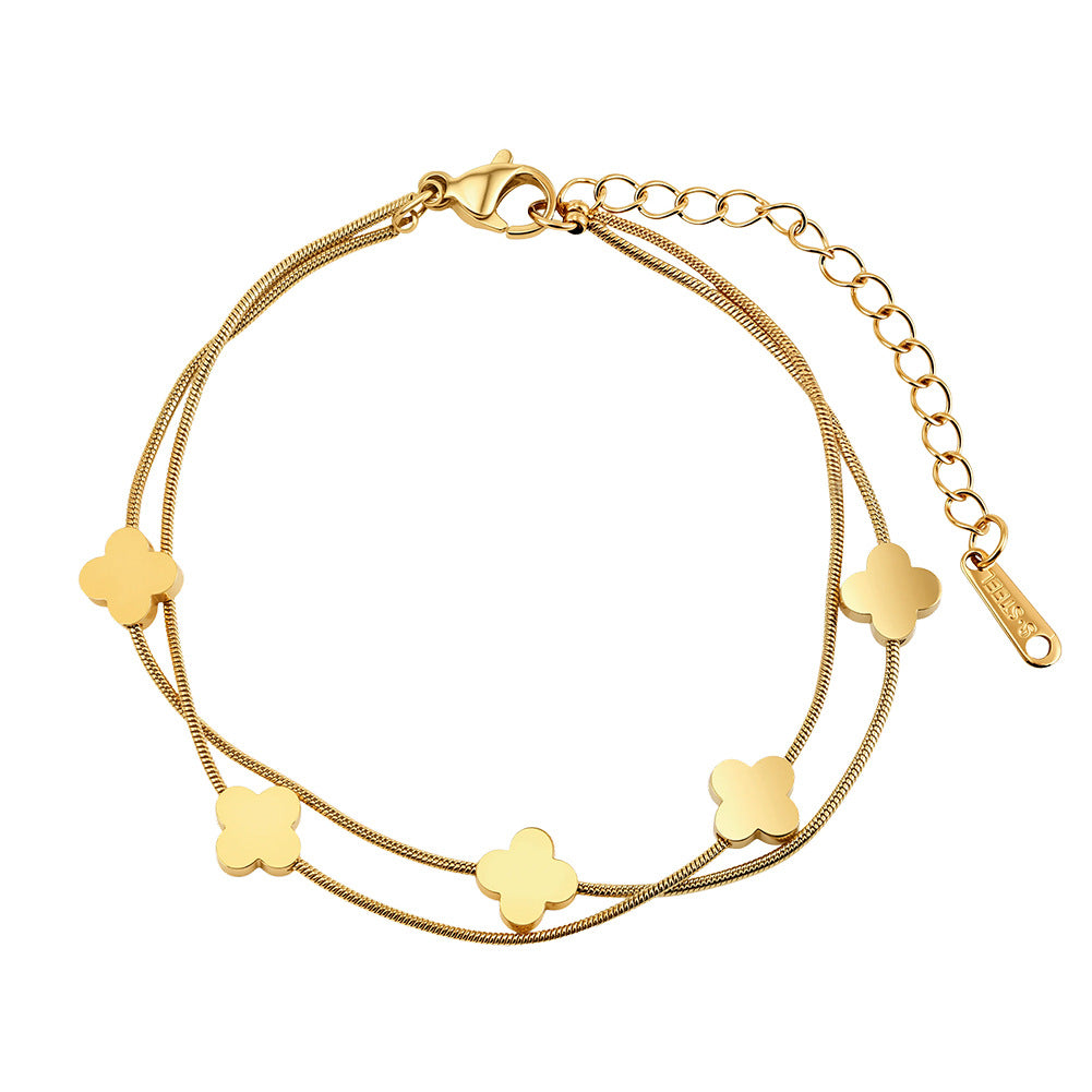 Gold Plated Stainless Steel Double Layer Snake Chain Clover Bracelet, 4 Solid Four Leaf Clover Charms