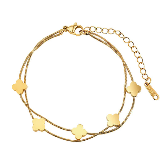 Gold Plated Stainless Steel Double Layer Snake Chain Clover Bracelet, 4 Solid Four Leaf Clover Charms