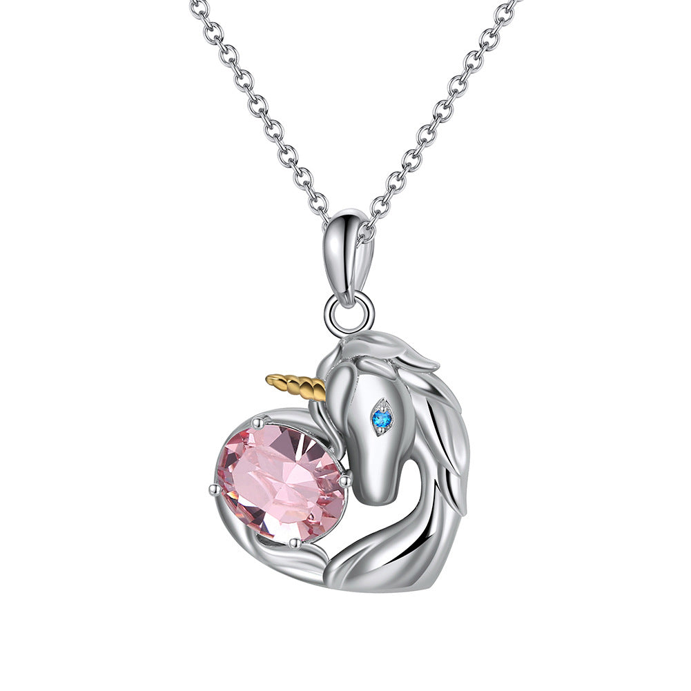 Silver Stainless Steel Unicorn Heart Pendant Necklace, Large Oval Pink CZ & Tiny Blue Accent Stone Unicorn Charm