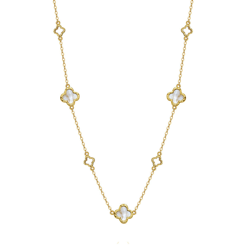 Silver Mother of Pearl Clover Station Necklace, Hollow Outline Four Leaf Clover with Natural White Mother of Pearl Inlay