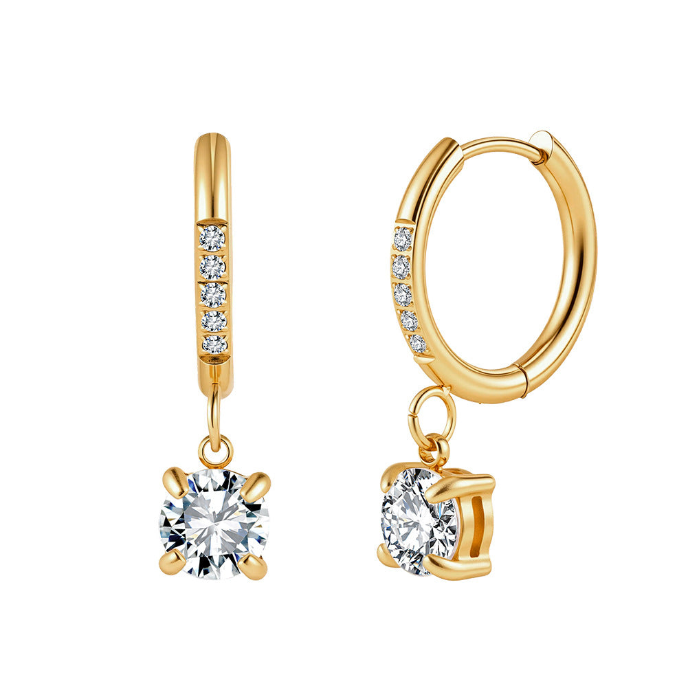 Gold Plated Stainless Steel CZ Paved Huggie Hoop Earrings with Round CZ Charm Drop