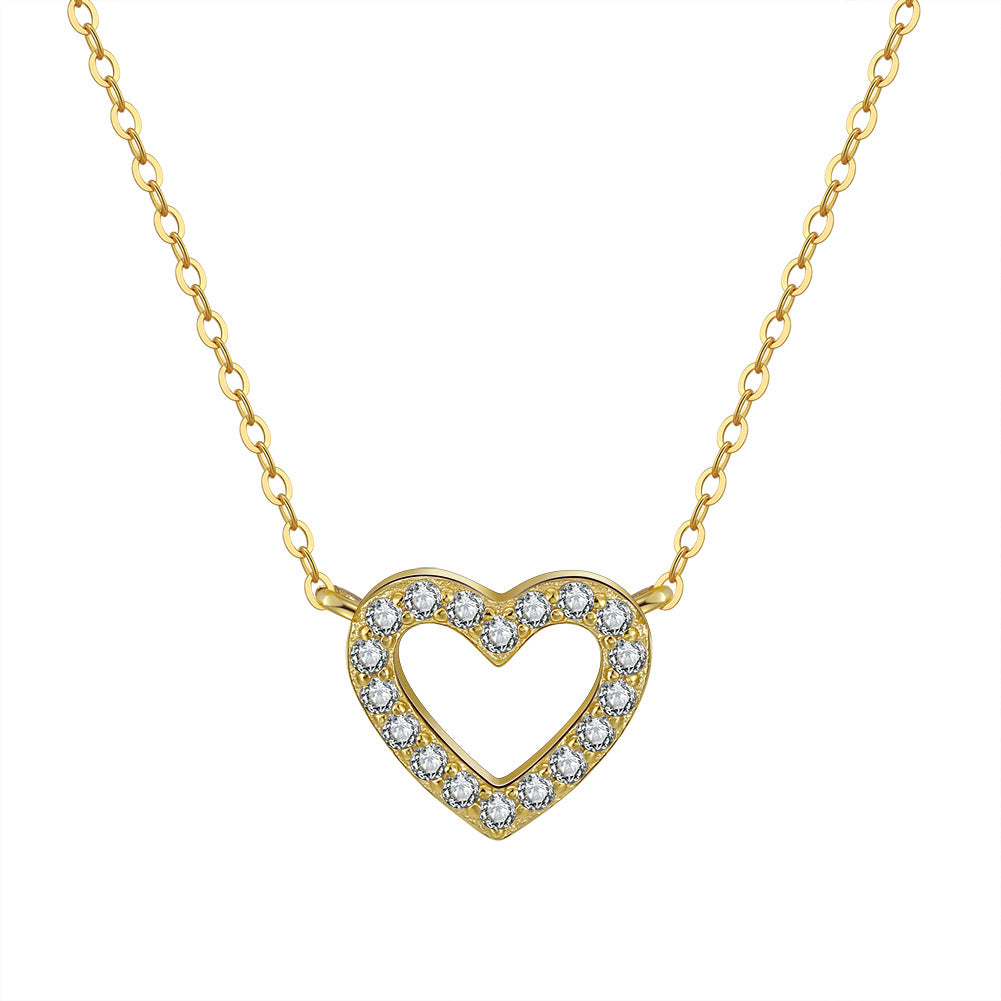 Gold Stainless Steel Open Hollow Heart CZ Necklace, Pave Clear Cubic Zirconia Outline Heart Pendant on Dainty Cable Chain