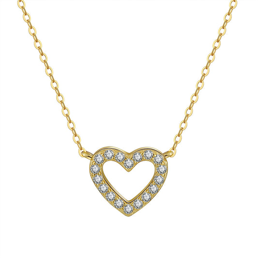 Gold Stainless Steel Open Hollow Heart CZ Necklace, Pave Clear Cubic Zirconia Outline Heart Pendant on Dainty Cable Chain