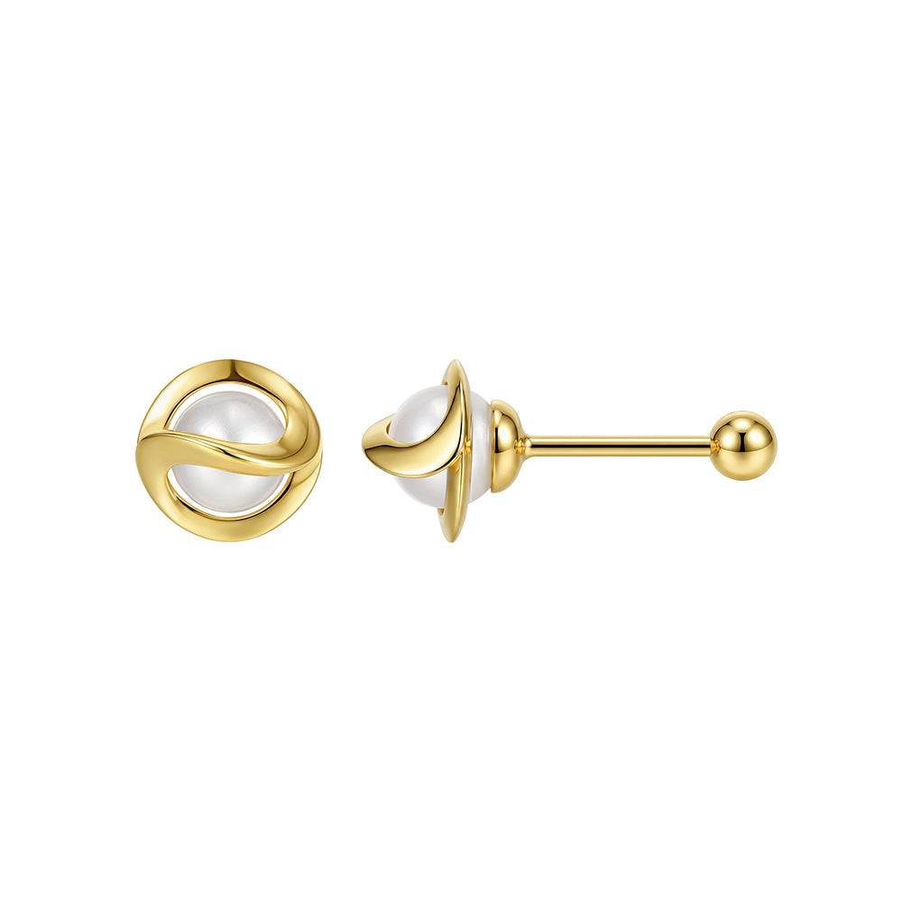 S925 Sterling Silver Twisted Wrap Round Freshwater Pearl Screw Back Stud Earrings, Minimalist Spiral Frame Pearl Ear Piercing Studs