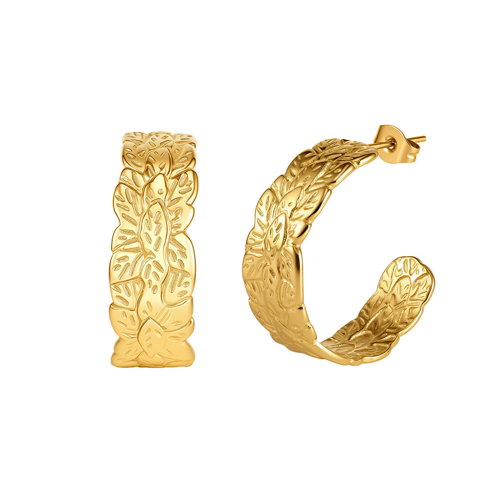 Gold Plated Stainless Steel Wide C Hoop Earrings with Embossed Leaf Pattern