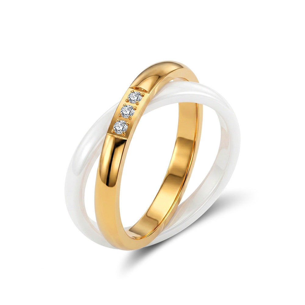 Gold Plated Stainless Steel Intertwined Ring Set, Gold Steel Band with 3 Round CZ & White Ceramic Ring