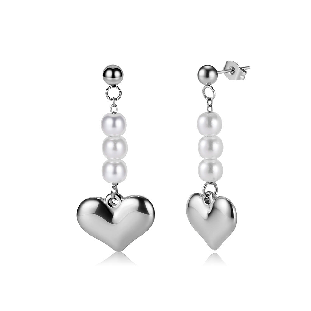 Silver Stainless Steel Dangle Earrings, Pearl Beads Chain with Chunky Polished Heart Charm