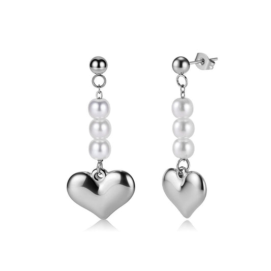 Silver Stainless Steel Dangle Earrings, Pearl Beads Chain with Chunky Polished Heart Charm