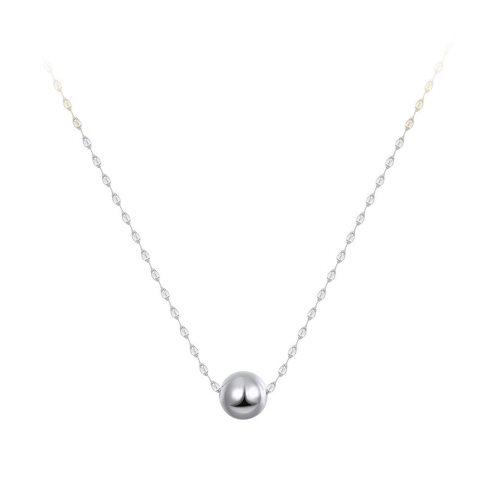 Silver Stainless Steel Single Ball Pendant Necklace, Smooth Round Bead on Delicate Marquise Shape Thin Chain