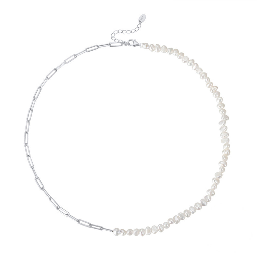 Half Paperclip Chain Baroque Pearl Choker Necklace, Stainless Steel Adjustable Collar Necklace