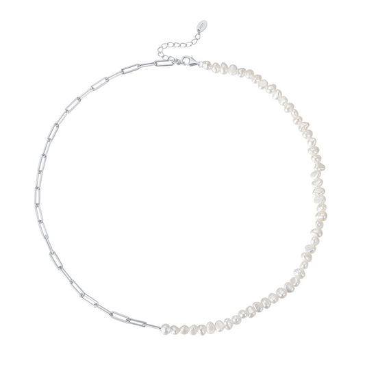 Half Paperclip Chain Baroque Pearl Choker Necklace, Stainless Steel Adjustable Collar Necklace