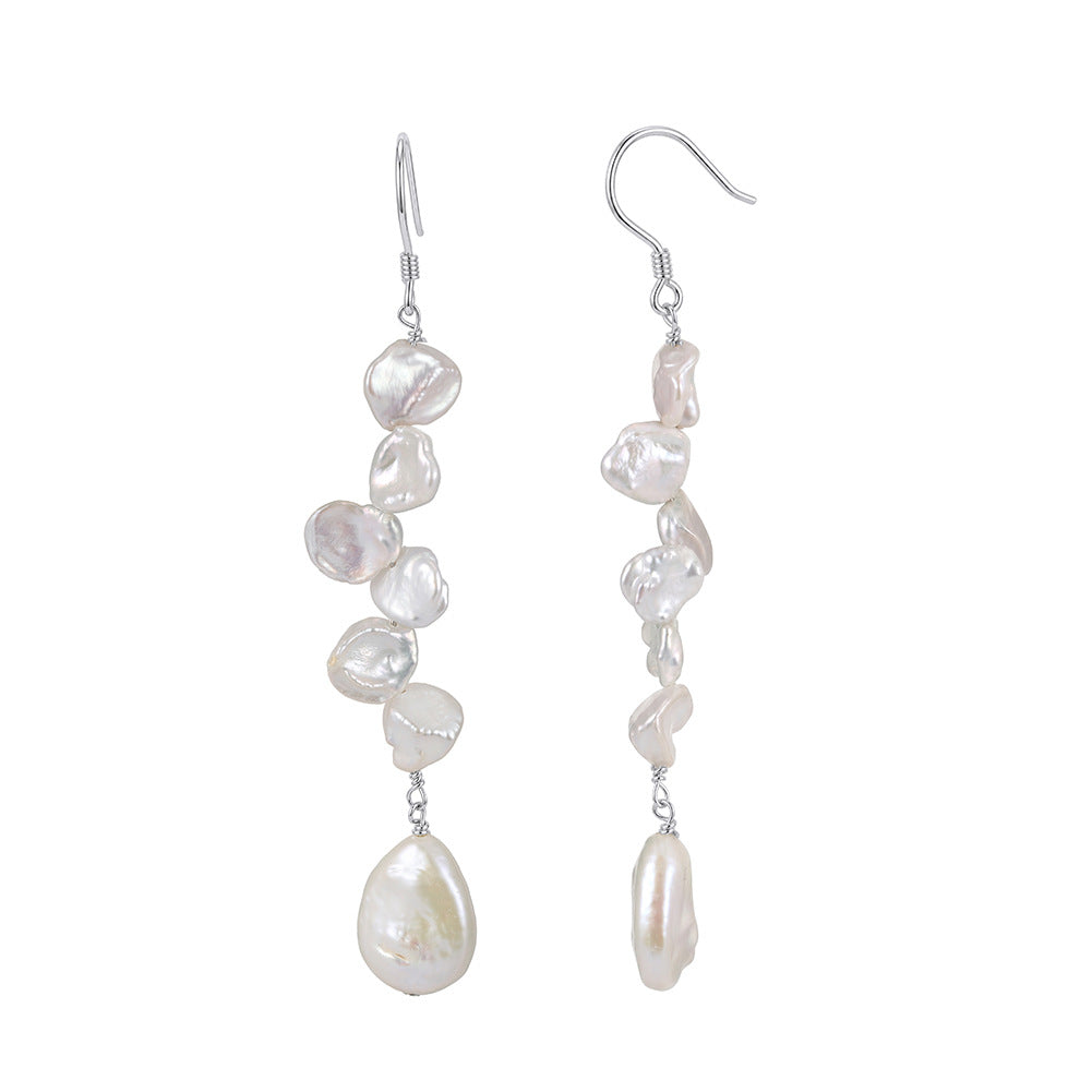 Sterling Silver Long Keshi Pearl Fish Hook Earrings, Cascading Petal Freshwater Pearls with Teardrop Baroque Pearl, Bohemian Long Pearl Dangle Earrings
