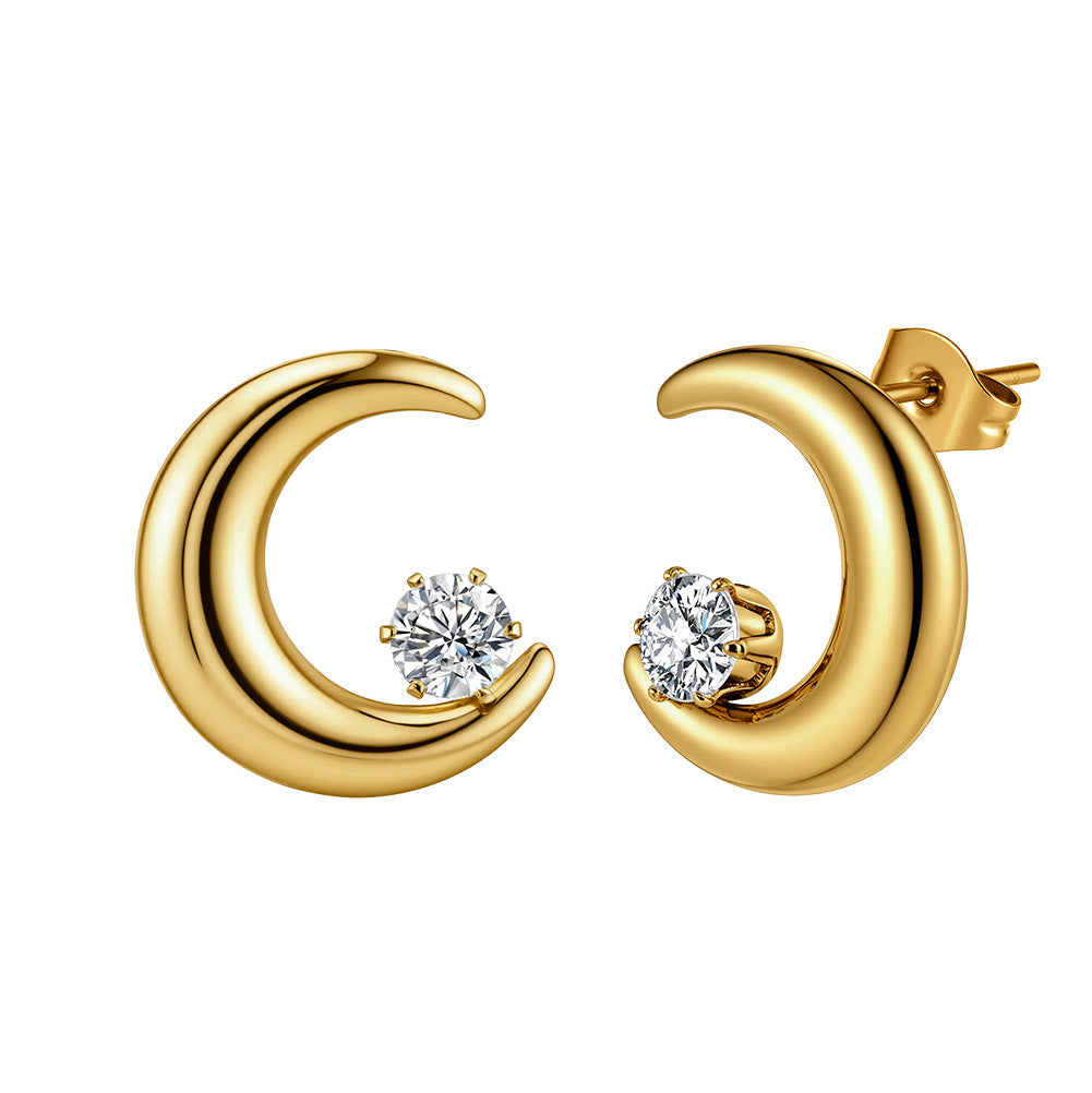 Gold Plated Stainless Steel Crescent Moon Stud Earrings with Round Clear Cubic Zirconia