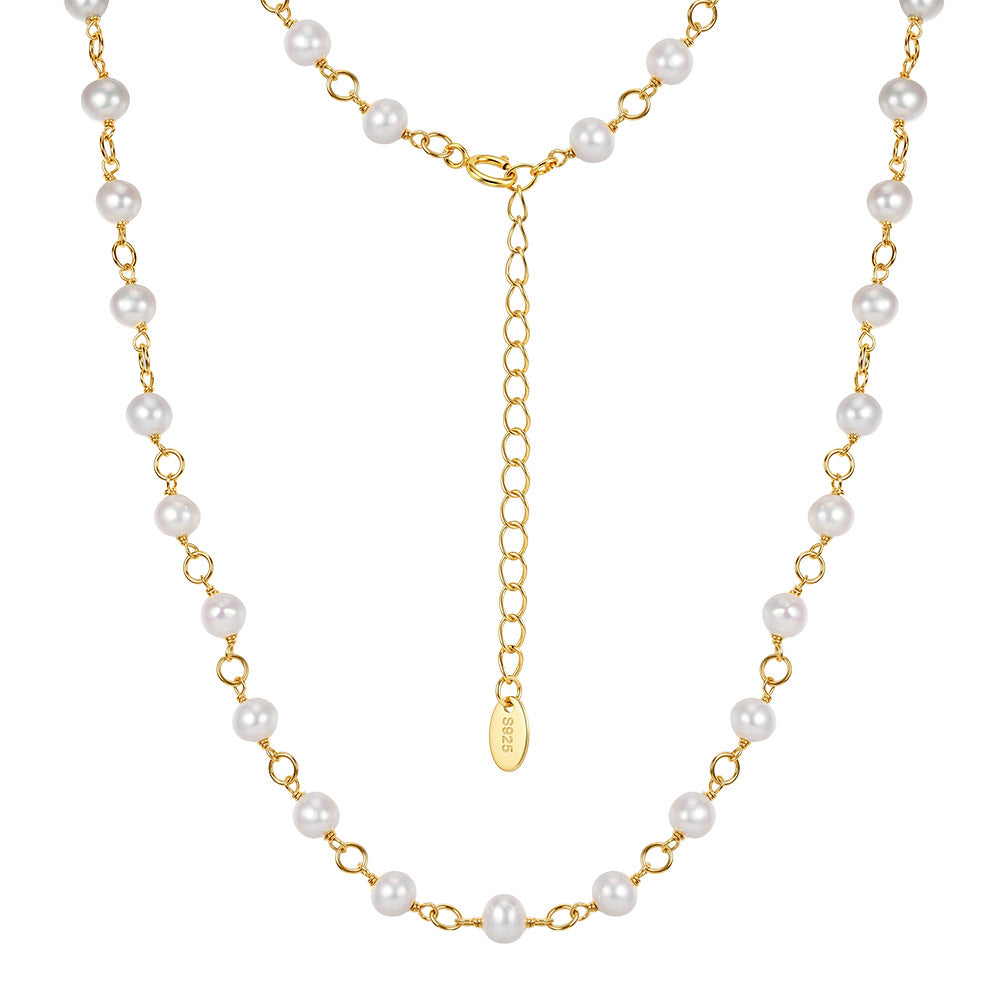 Full Strand Round Lustrous Freshwater Pearl Station Necklace, Uniform White Cultured Pearls Gold Plated S925 Link Chain