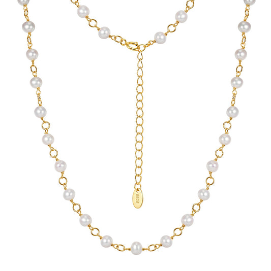 Full Strand Round Lustrous Freshwater Pearl Station Necklace, Uniform White Cultured Pearls Gold Plated S925 Link Chain