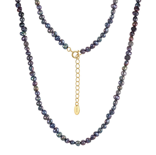 Dark Peacock Iridescent Baroque Freshwater Pearl Choker, Multicolor Dark Hued Organic Pearls Gold Plated Adjustable Chain