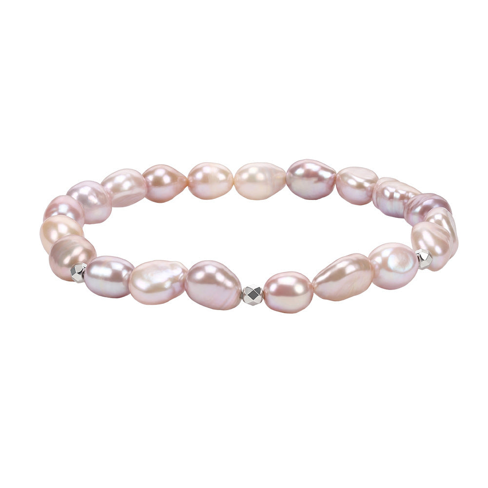 Stretch Beaded Bracelet, Pastel Pink Lavender Baroque Teardrop Freshwater Pearls with Faceted Silver Metal Accent Beads, Soft Iridescent Pearl Shine