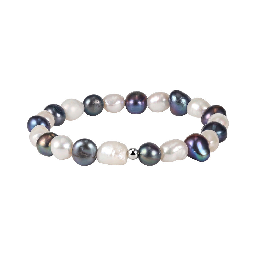 Stretch Beaded Bracelet, Mixed Black Peacock & White Baroque Freshwater Pearls with Polished Silver Metal Spacer Beads, Irregular Natural Pearl Luster