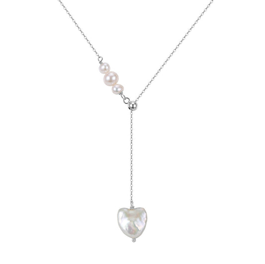 GPN116Adjustable Lariat Baroque Heart Freshwater Pearl Y Necklace, Iridescent Heart-shaped Pearl Pendant S925 Silver Chain
