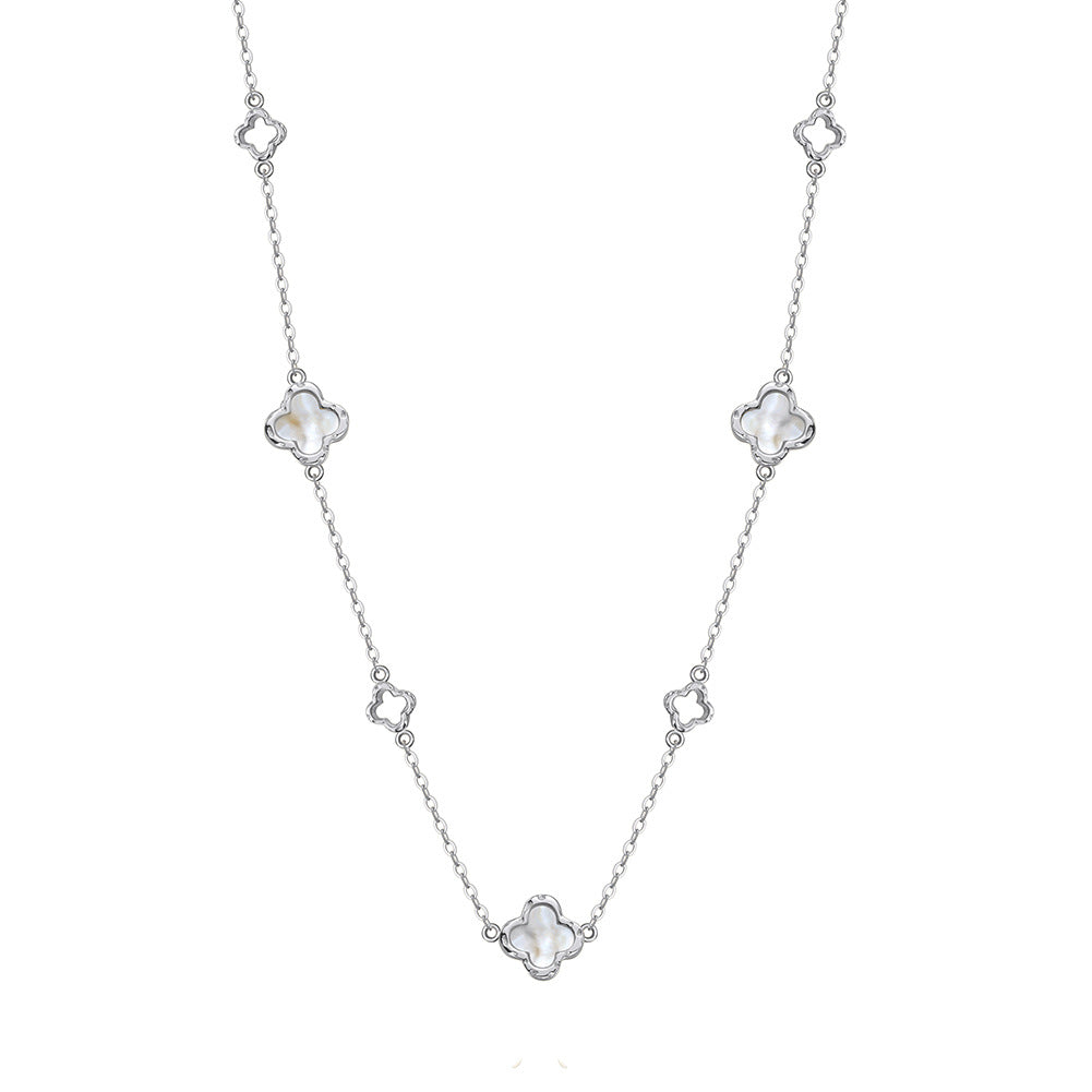 Silver Mother of Pearl Clover Station Necklace, Hollow Outline Four Leaf Clover with Natural White Mother of Pearl Inlay