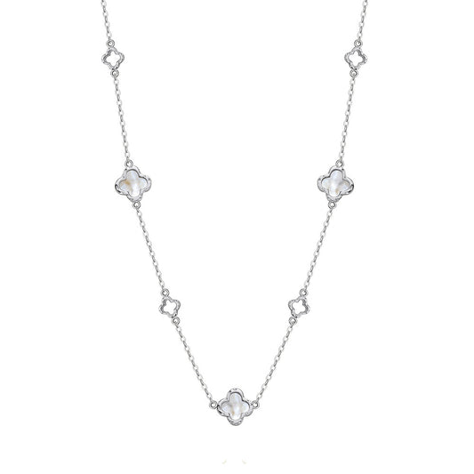 Silver Mother of Pearl Clover Station Necklace, Hollow Outline Four Leaf Clover with Natural White Mother of Pearl Inlay