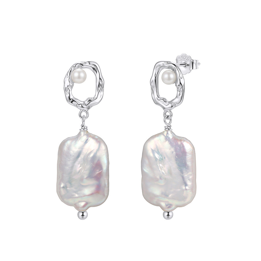 S925 Sterling Silver Irregular Hollow Frame Baroque Pearl Earrings, Small Round Pearl Accent Large Rectangle Baroque Freshwater Pearl Dangles