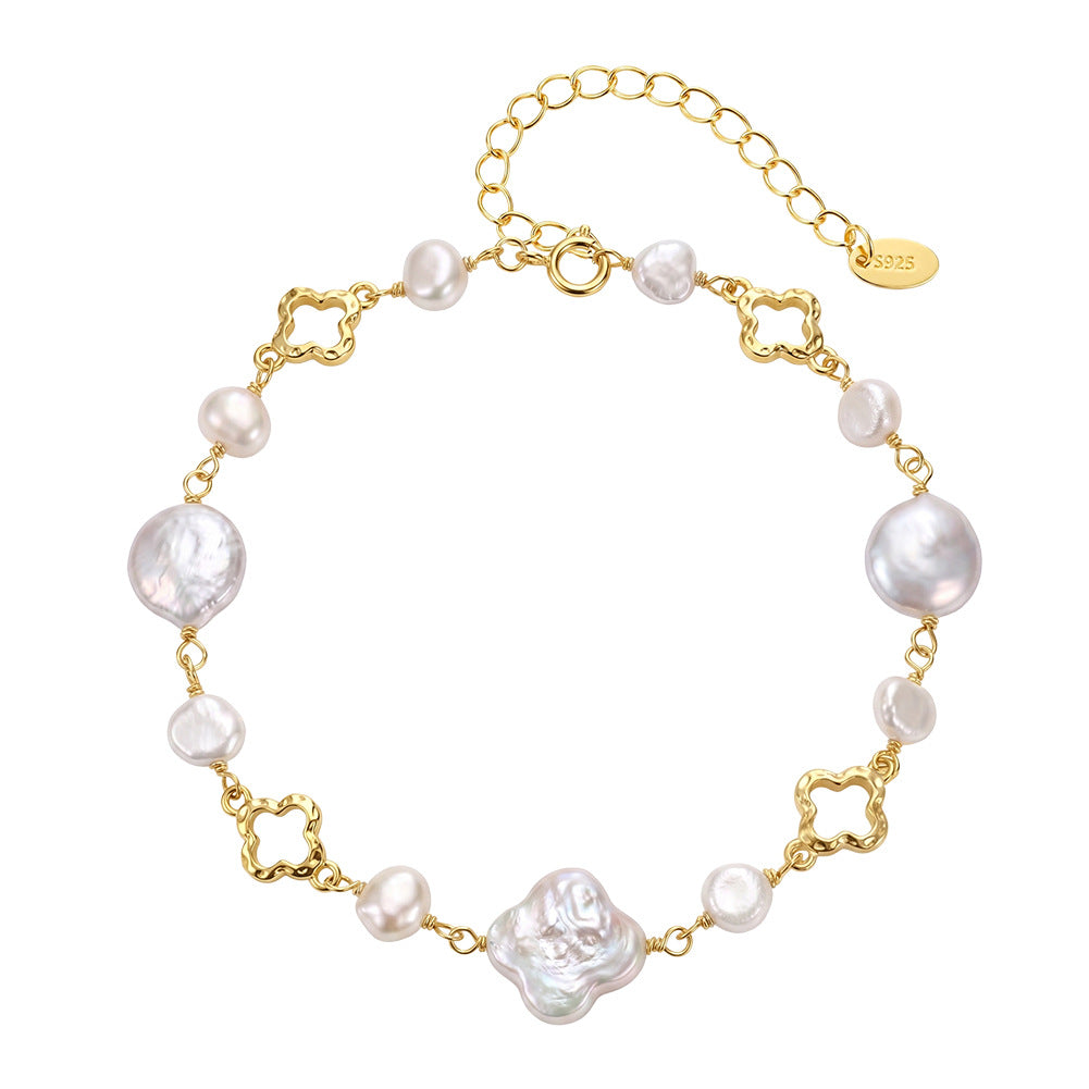 S925 Gold Plated Clover Link Bracelet, Mixed Lustrous Baroque Coin & Petal-shaped Freshwater Pearls, Hollow Four-leaf Clover Metal Links, Adjustable Extension Chain